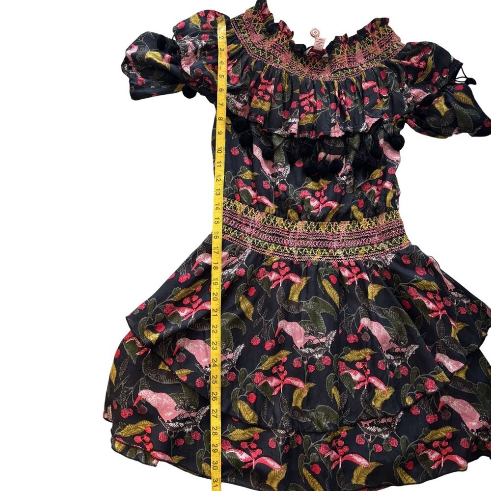 Red Carter Black & Pink Tropical Mini Dress With Tassels & Smocked Waist - Picture 5 of 11
